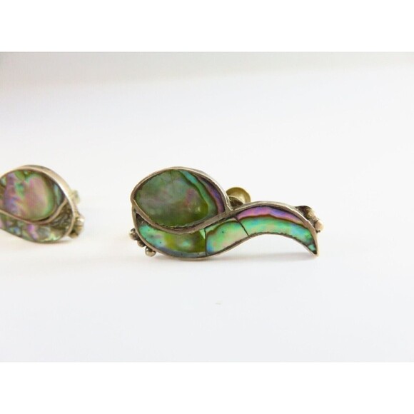 Vintage Taxco Mexico 940 Silver Abalone Screw Back Bird Earrings - Picture 3 of 7